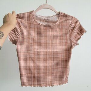 BRICK RED PLAID LETTUCE HEM CROP TOP (size small)